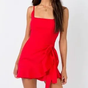 chinese dress ladies Princess Polly Women's Beloved Polka Dot Puff Sleeve Linen Blend Minidress - Red